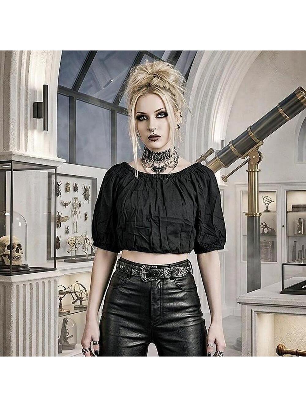 Black Peasant Crop Top 000046